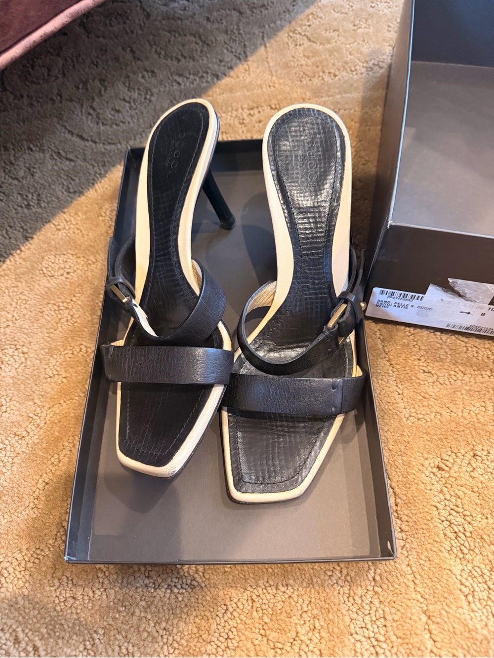 Gucci Black and Cream Square-Toe Strappy Heels